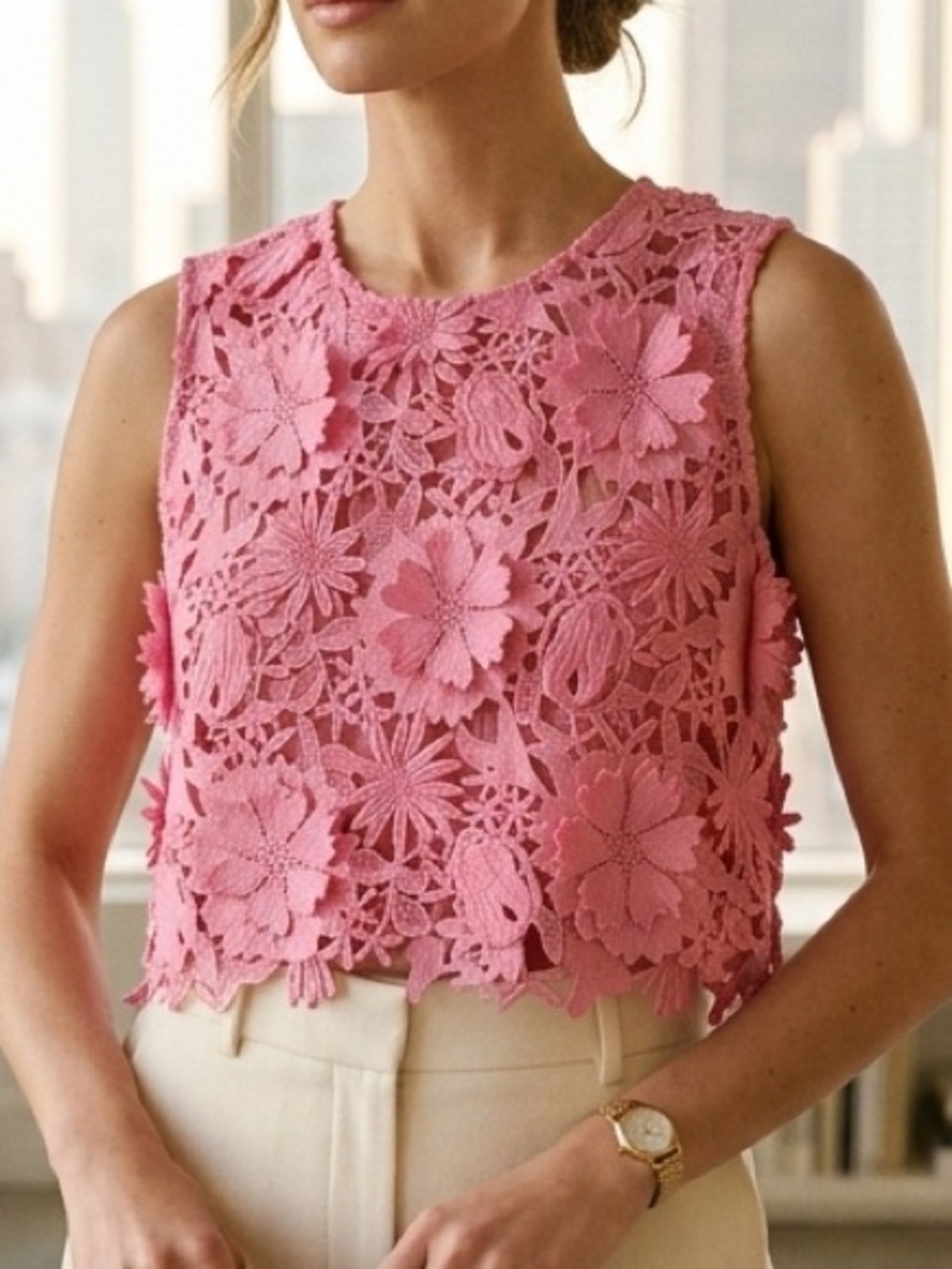 Mainstrip Pink Floral Lace Crop Top Sleeveless Guipure Crochet Boho Festival L